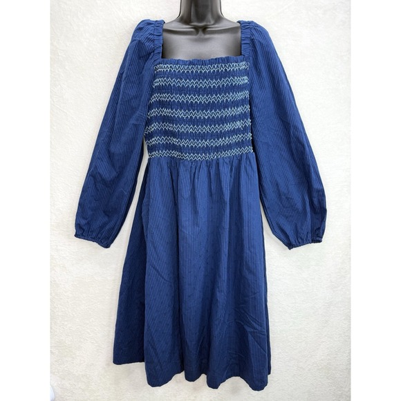 Draper James RSVP Puff Sleeve Smocked Bodice Blue Stripe Dress Size XL - Picture 2 of 9
